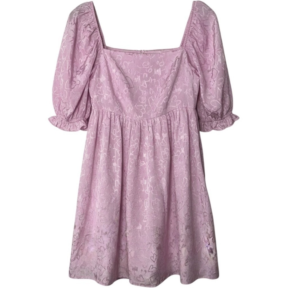 Barbie Pink Heart Jacquard Puff Sleeve Mini Dress Square Neck Smocked Back